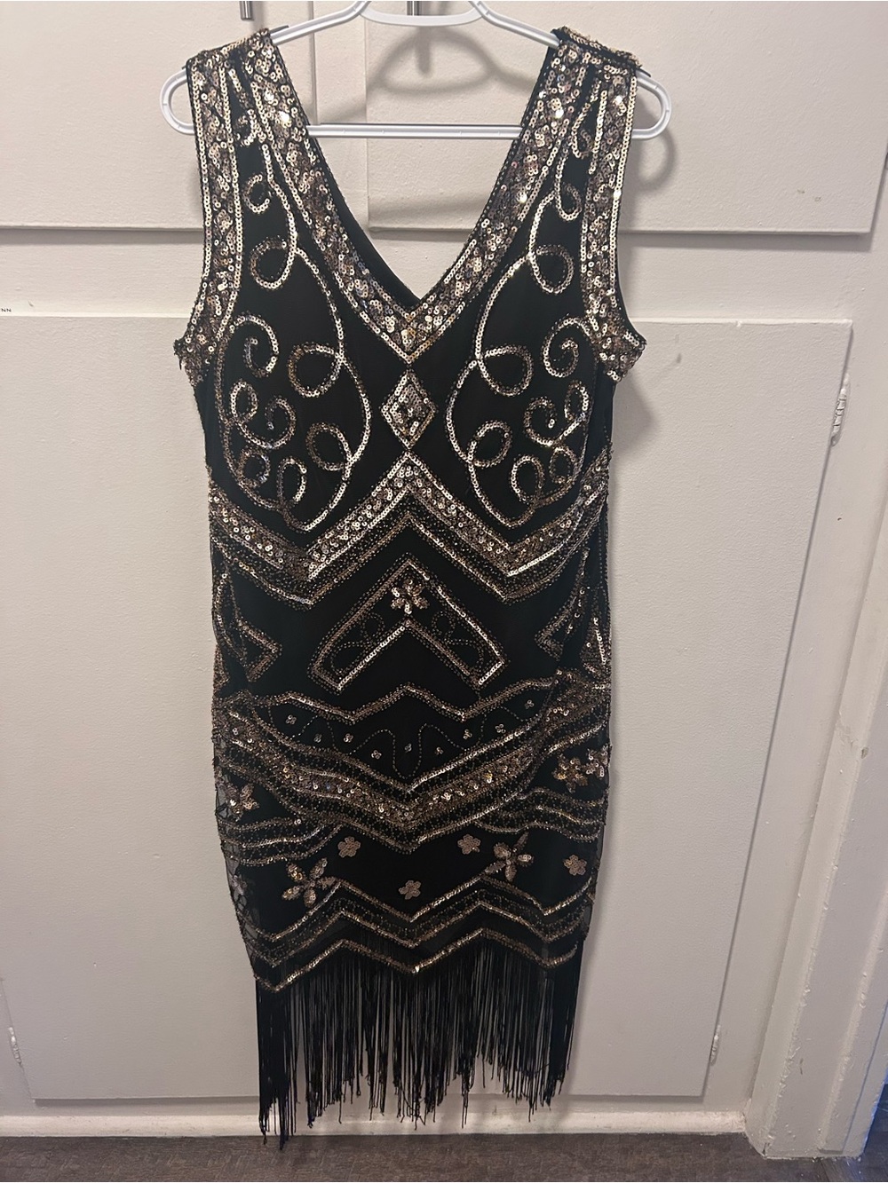 Black Beaded Fringe V-Neck Evening Dress - Picture 9 of 11